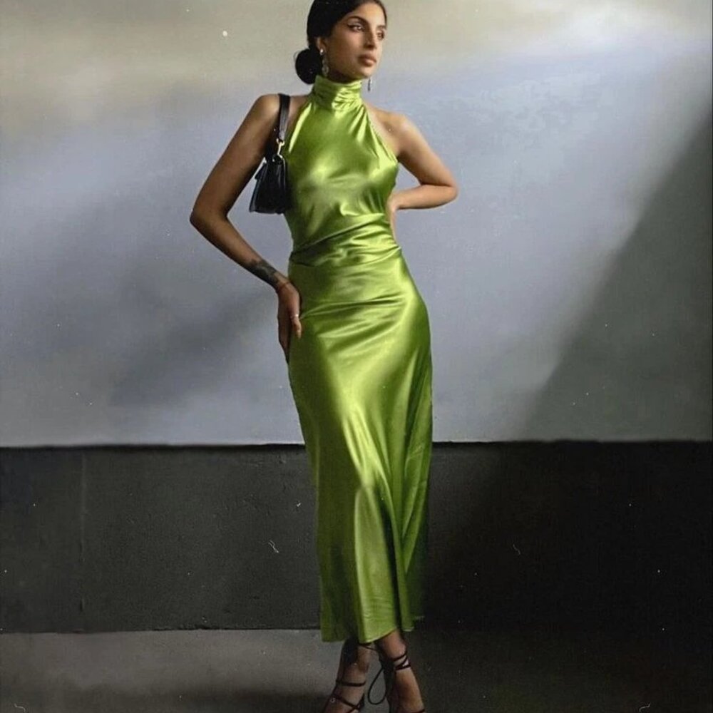 NWT Silk Maison Halter Silk Maxi Dress green sz S $199 - Picture 6 of 9